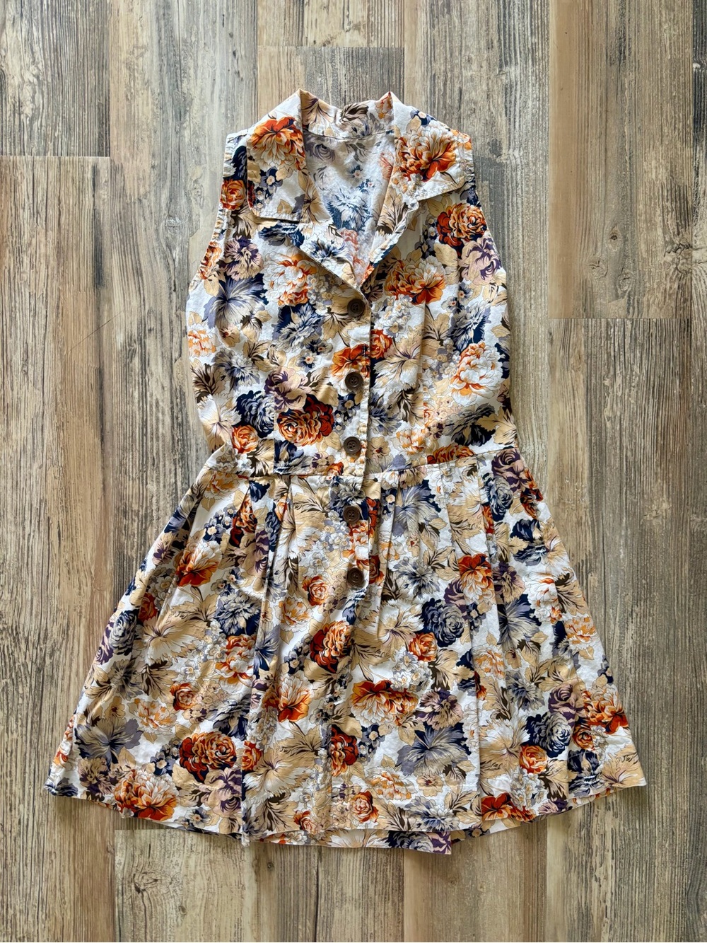 Sleeveless Floral Button-Front Dress in Cream with Orange & Navy